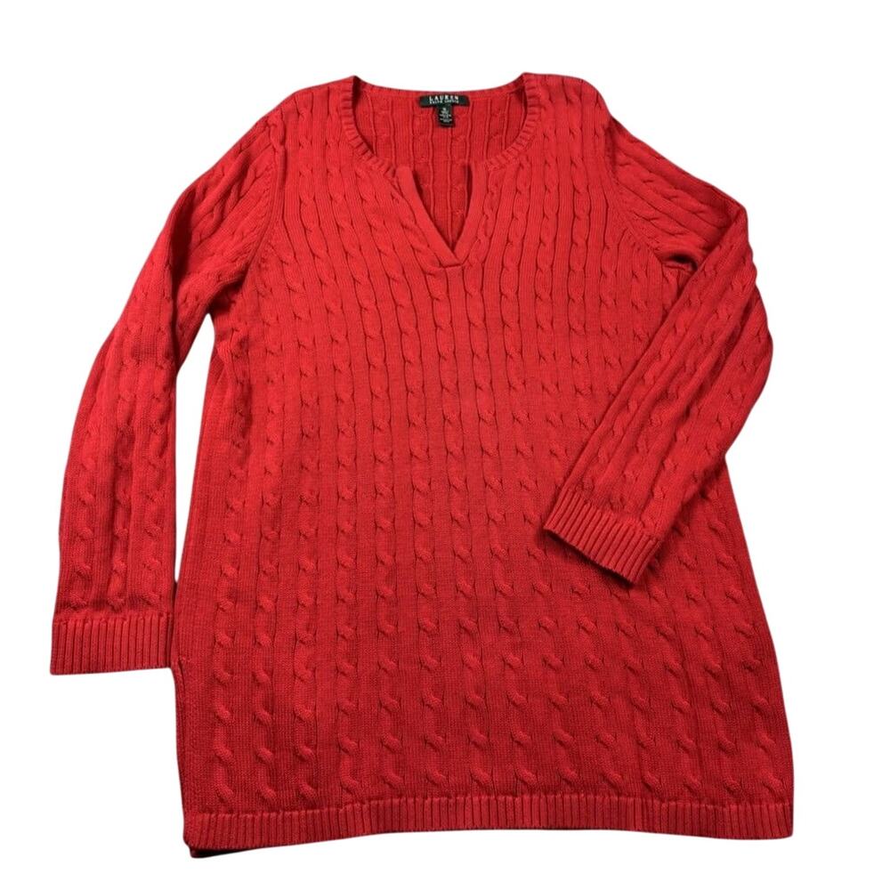 Lauren Ralph Lauren Red Cable Knit Polo Sweater Top Womens Plus Size